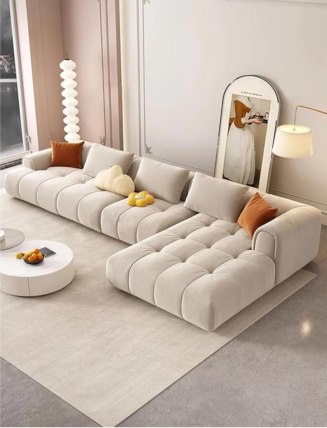 Comfynest L Shape Sofa in Cream Style with Cat-Scratch Fabric Three Seater Straight Row for Small Apartments