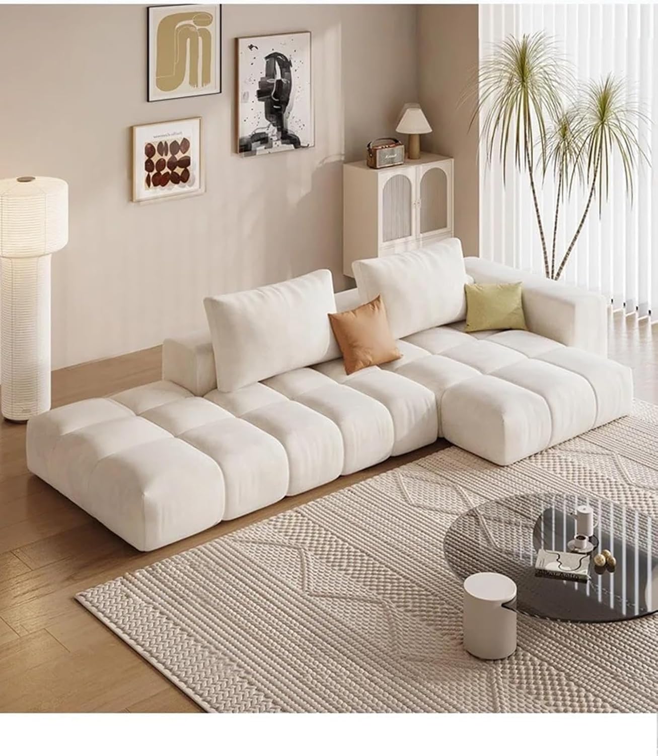 Comfynest Modern Cream Style L shape Sofa Set Fabric Upholstery for Elegant Living Room Furniture