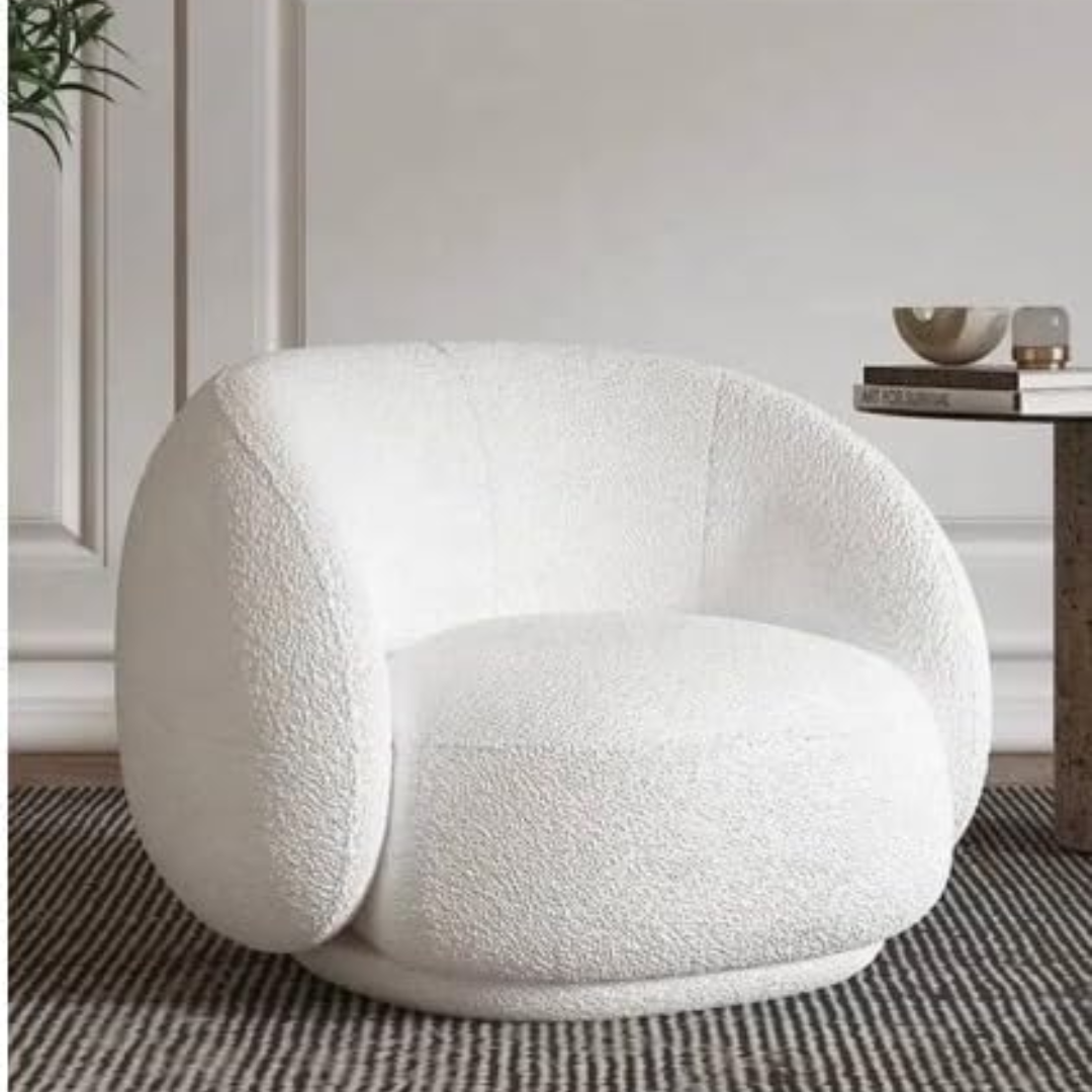 Comfynest 1Pc Round Bouncle Chair - White, Wooden Frame, Soft Cushioned Seat