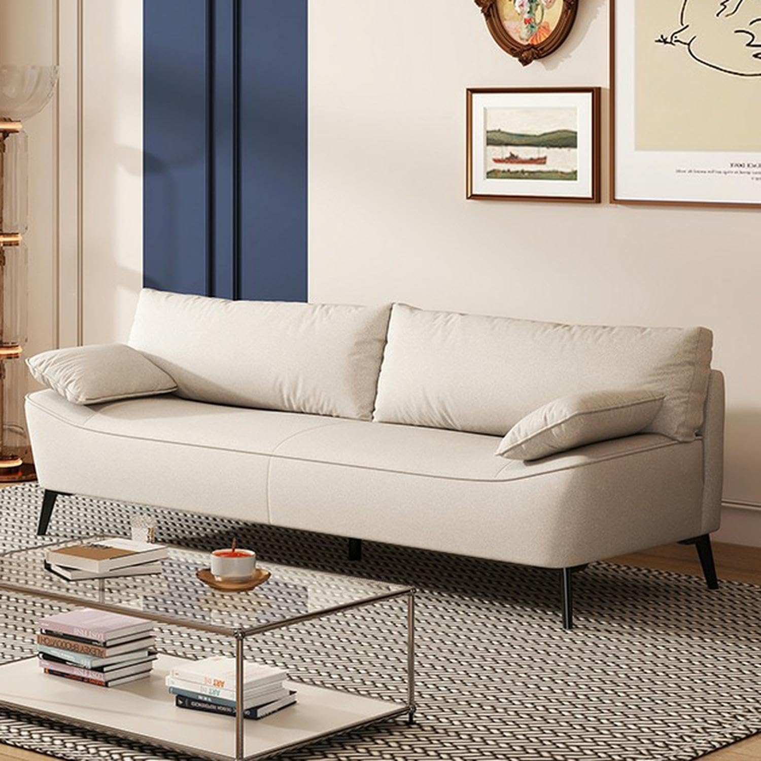 Comfynest Standard Size Wood Sofa, Tech Cloth Upholstery, No Drilling Assembly, Scandinavian Style 210.82 X 71.12 X 76.2 Cm Ivory