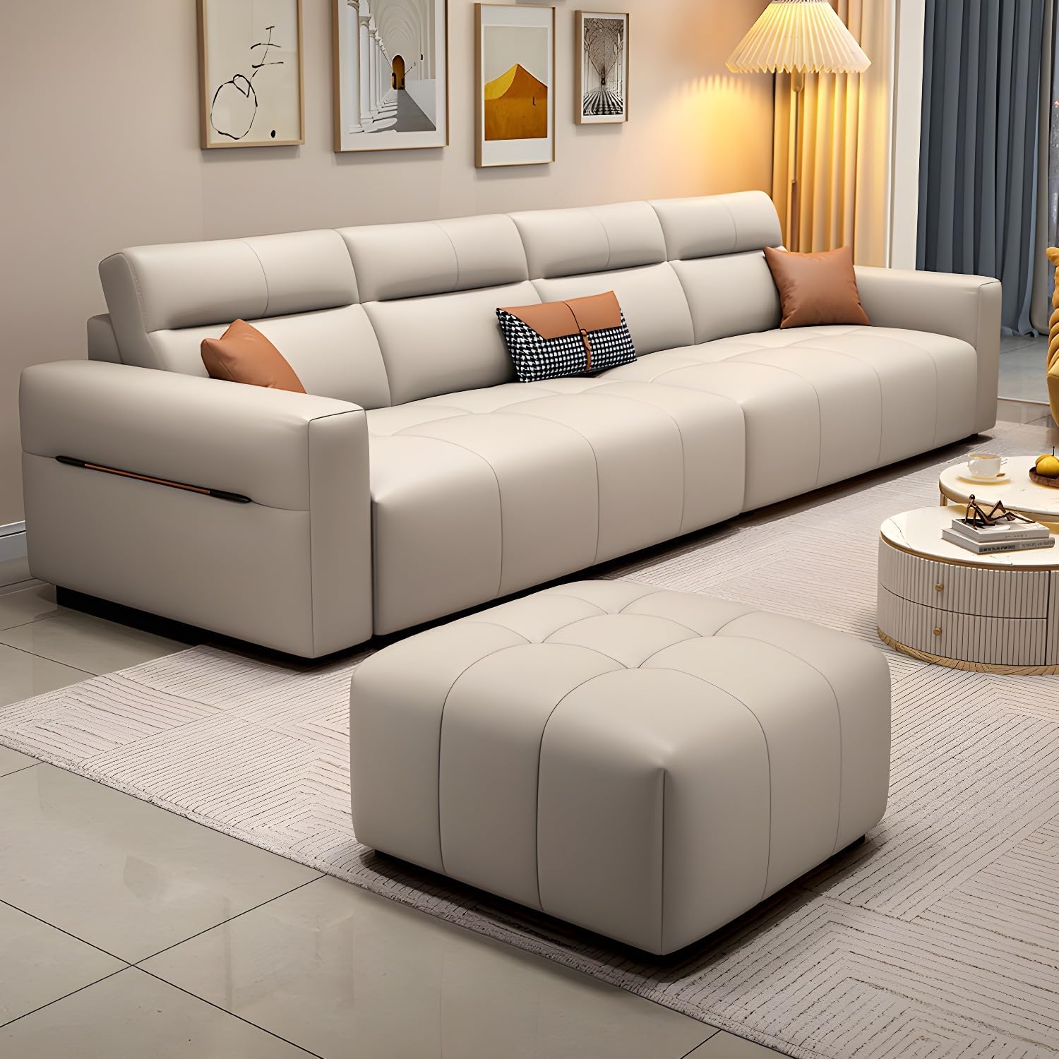 Comfynest Extra Long 4-Seater Wooden Sofa With Durable Anti-Scratch Fabric & Included Ottoman 299.72 X 93.98 X 91.44 Cm