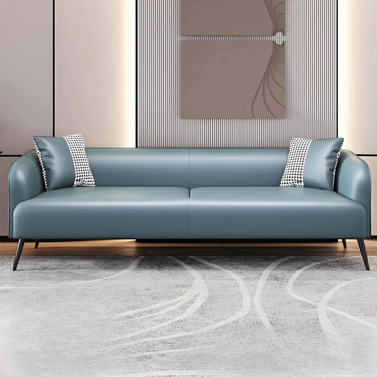 Comfynest Modern Pine Wood Three-Seater Sofa - Upholstered in Leathaire, Foam Seat, Solid Color, Space-Saving Design, 150x68x65 cm (Blue, 4 Seater)