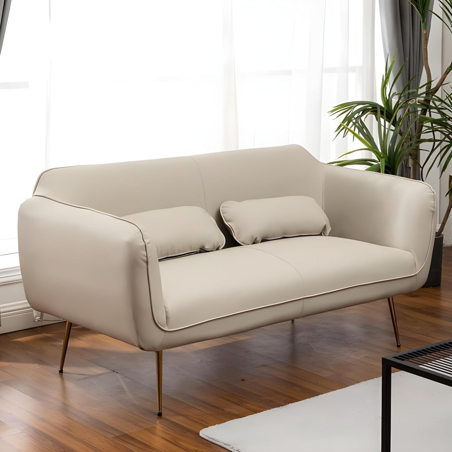 Comfynest PU Upholstery Glam Loveseat Sofa - Flared Arms, Compact Size for Two, 142.24 x 76.2 x 78.74 cm, Solid Green Design (Beige, 2 Seater)