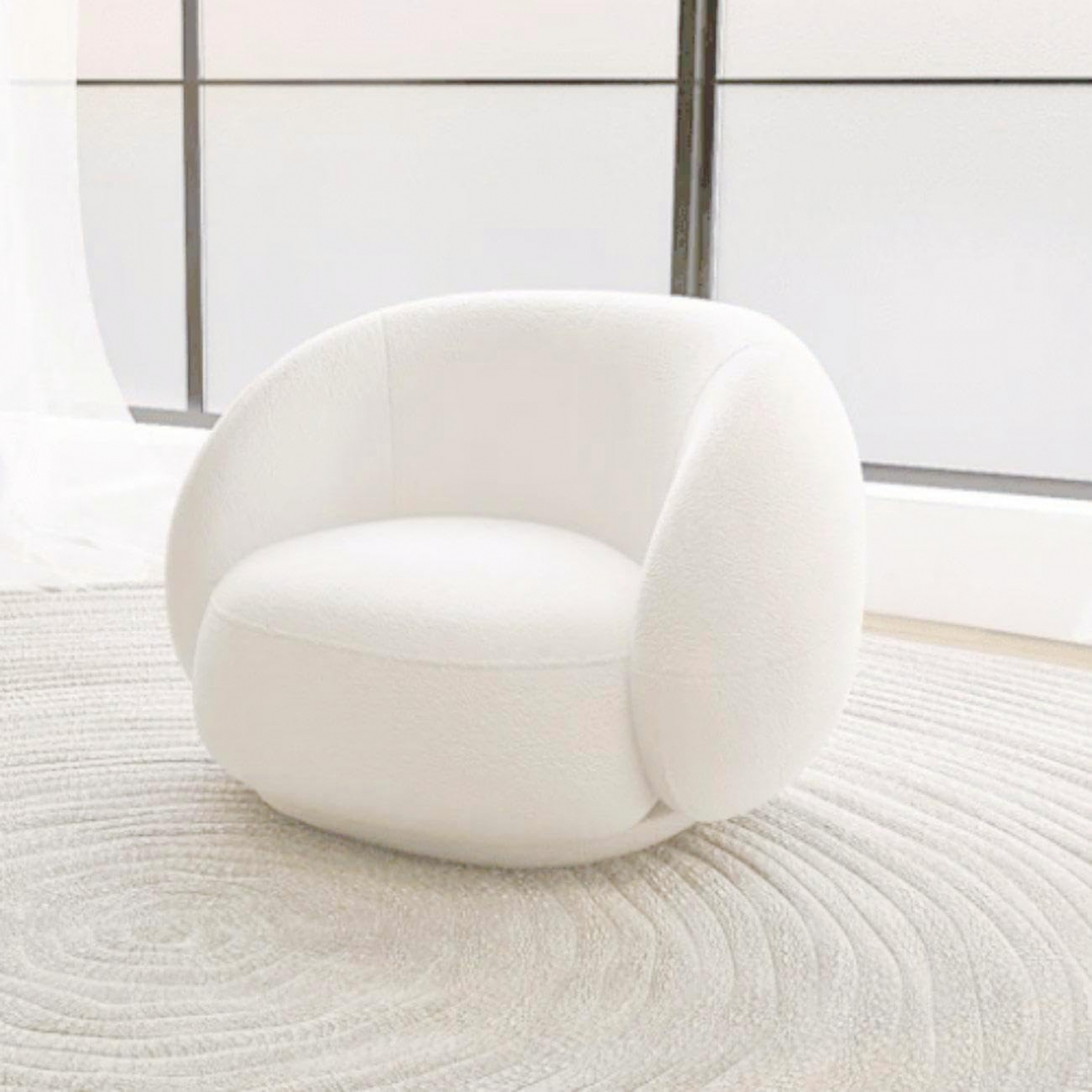 Comfynest 1Pc Round Bouncle Chair - White, Wooden Frame, Soft Cushioned Seat