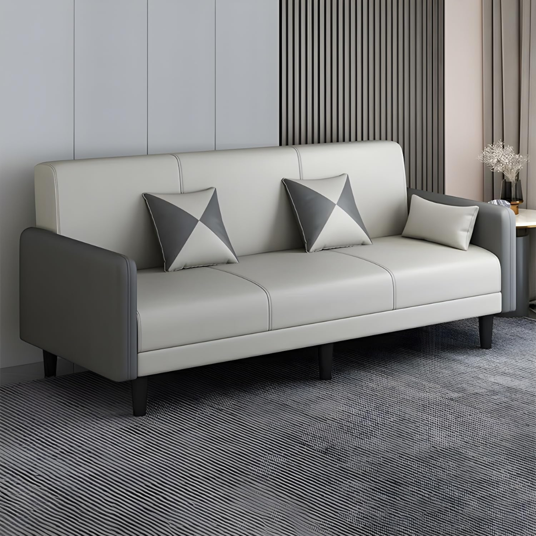 Comfynest Contemporary Square Arm Convertible Sofa, 3-Seater with Extra Pillows, Solid Tech Cloth Upholstery, Beige/Light Gray, Tight Back Design