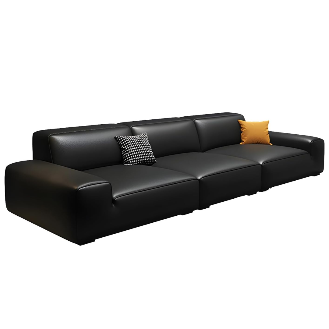 Comfynest Extra Long Black Leather Sofa with Stain-Resistant Feature, Two Matching Pillows, Sponge & Latex Seat Filling, Full-Grain Leather Upholstery - 220.98 x 99.06 x 78.74 cm (3 Seater)