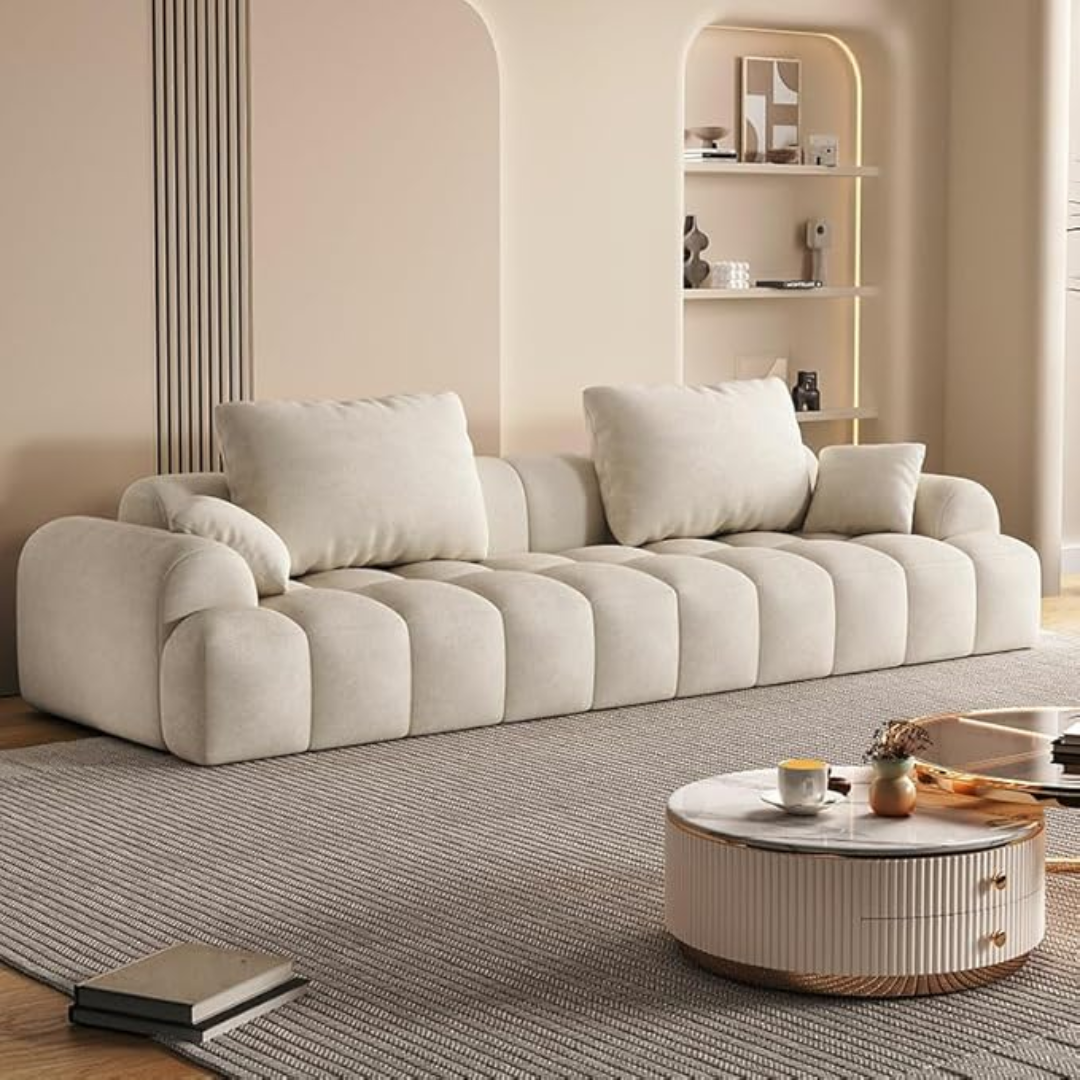 Comfynest Extra Long Modern Wood Framed Sofa With Standard Seat Size And Foam Filling - Anti Cat Scratch Fabric 240 X 96 X 65 Cm (Off White)