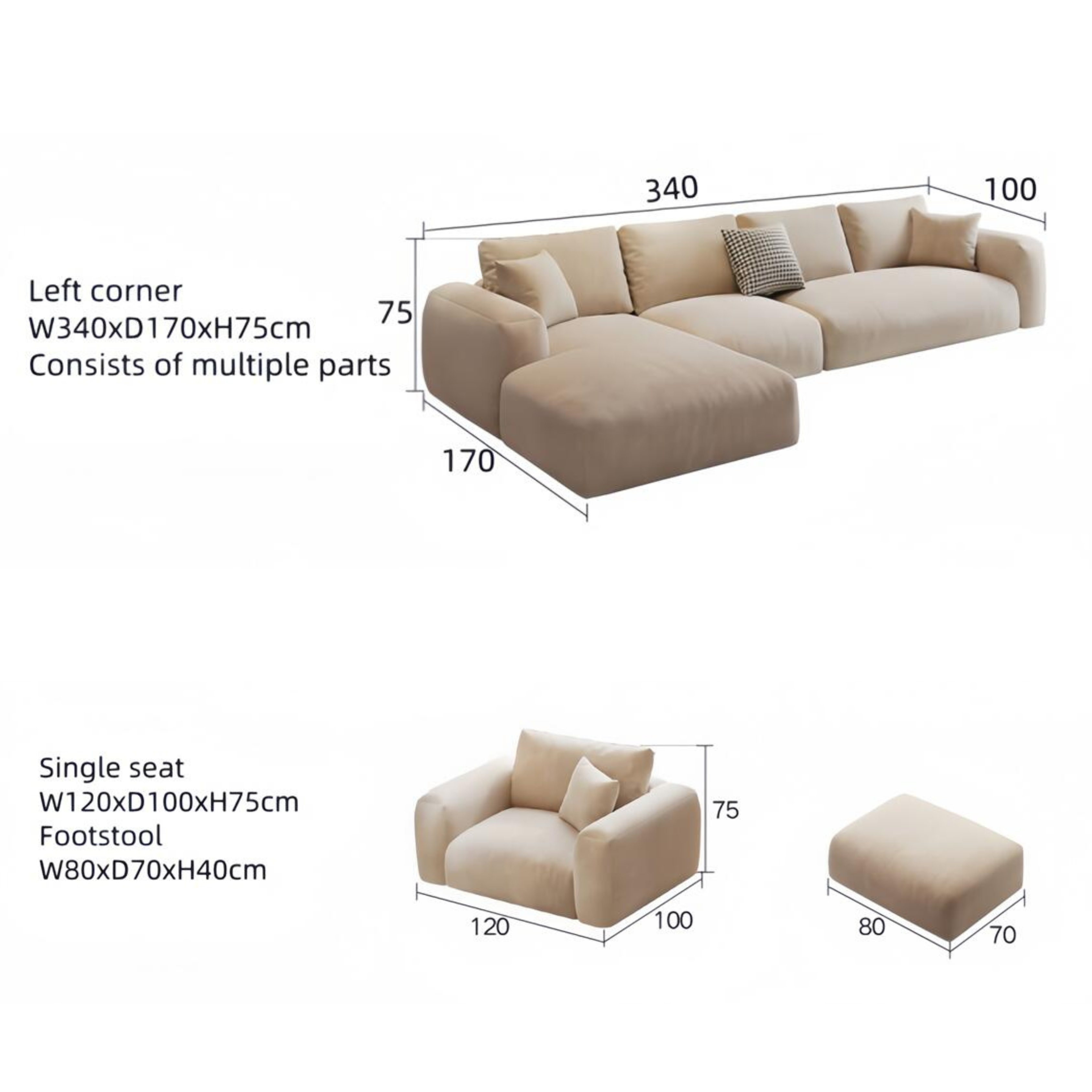 Comfynest Fleece Fabric Multifunction Sofa Set - Overstuffed Design, Adjustable Armrests, Durable Wood Frame, Extra Padded Comfort, Modern Style Living Room Sofa Set