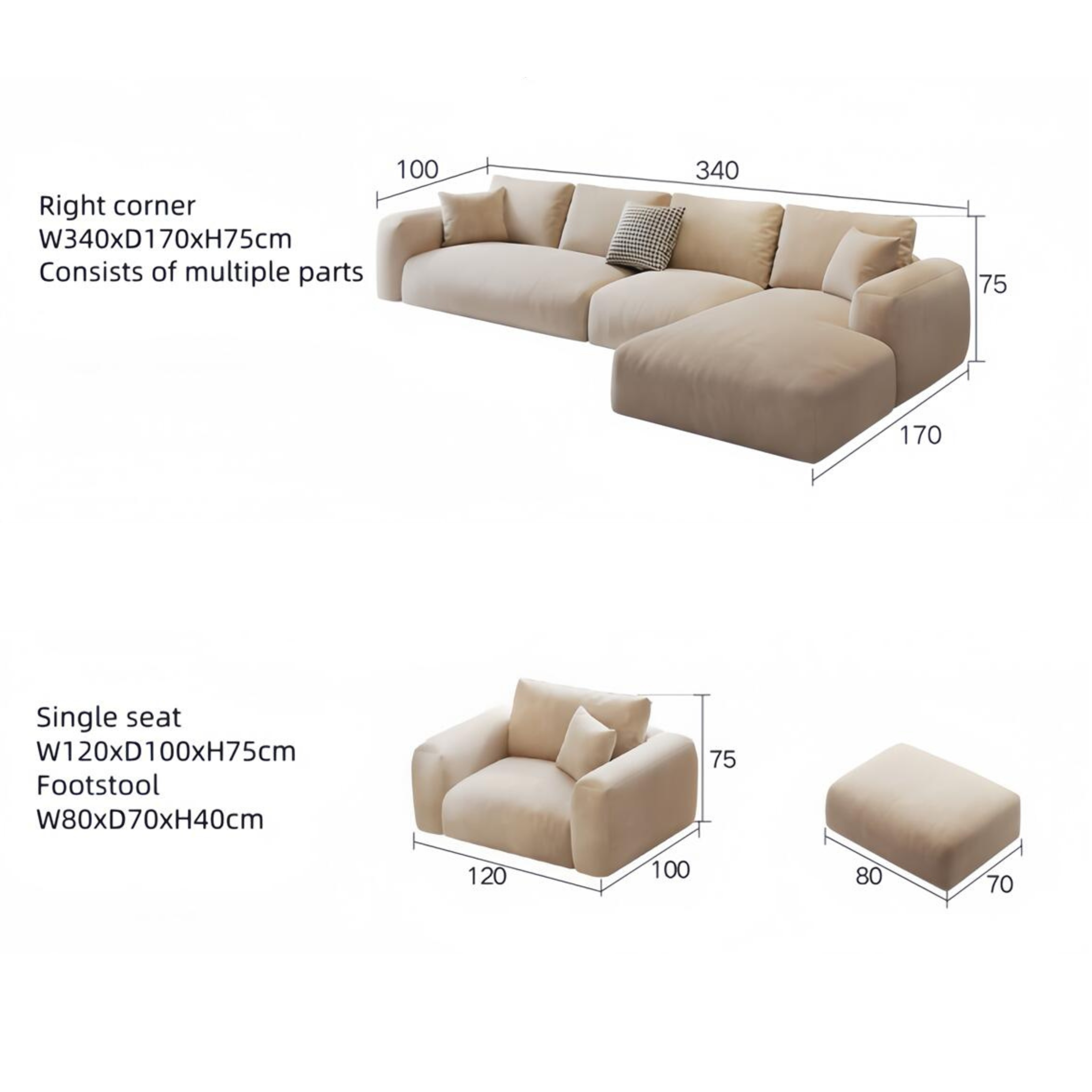 Comfynest Fleece Fabric Multifunction Sofa Set - Overstuffed Design, Adjustable Armrests, Durable Wood Frame, Extra Padded Comfort, Modern Style Living Room Sofa Set