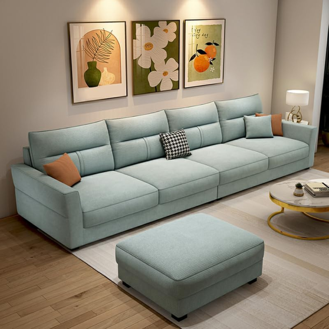 Comfynest Modern Non-Distressed Extra-Long Solid Color Wood Sofa with Flared Arms - Anti Cat Scratch Leather, perfect sofa set for living room, Light blue (Sky Blue)