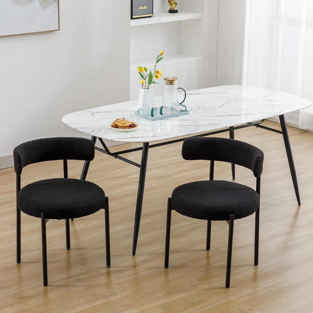 Comfynest Modern Nordic White Wool Blend Boucle Fabric Black Metal Leg Café Lambswool Dining Chair (2, Black)