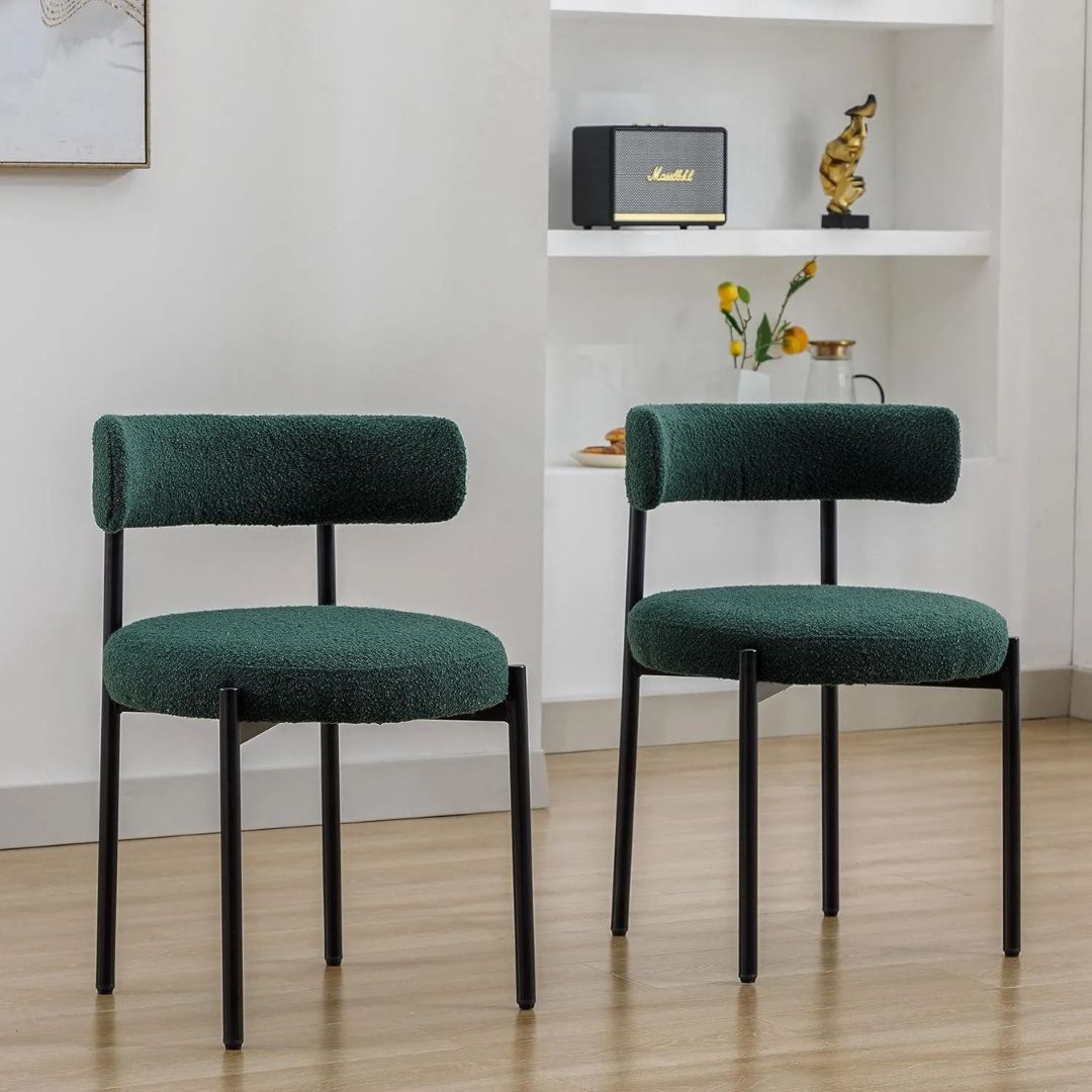 Comfynest Modern Nordic White Wool Blend Boucle Fabric Black Metal Leg Café Lambswool Dining Chair (2, Greenish)