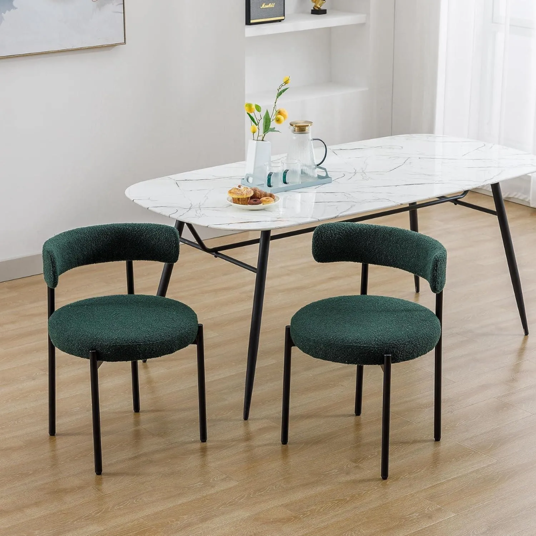 Comfynest Modern Nordic White Wool Blend Boucle Fabric Black Metal Leg Café Lambswool Dining Chair (2, Greenish)