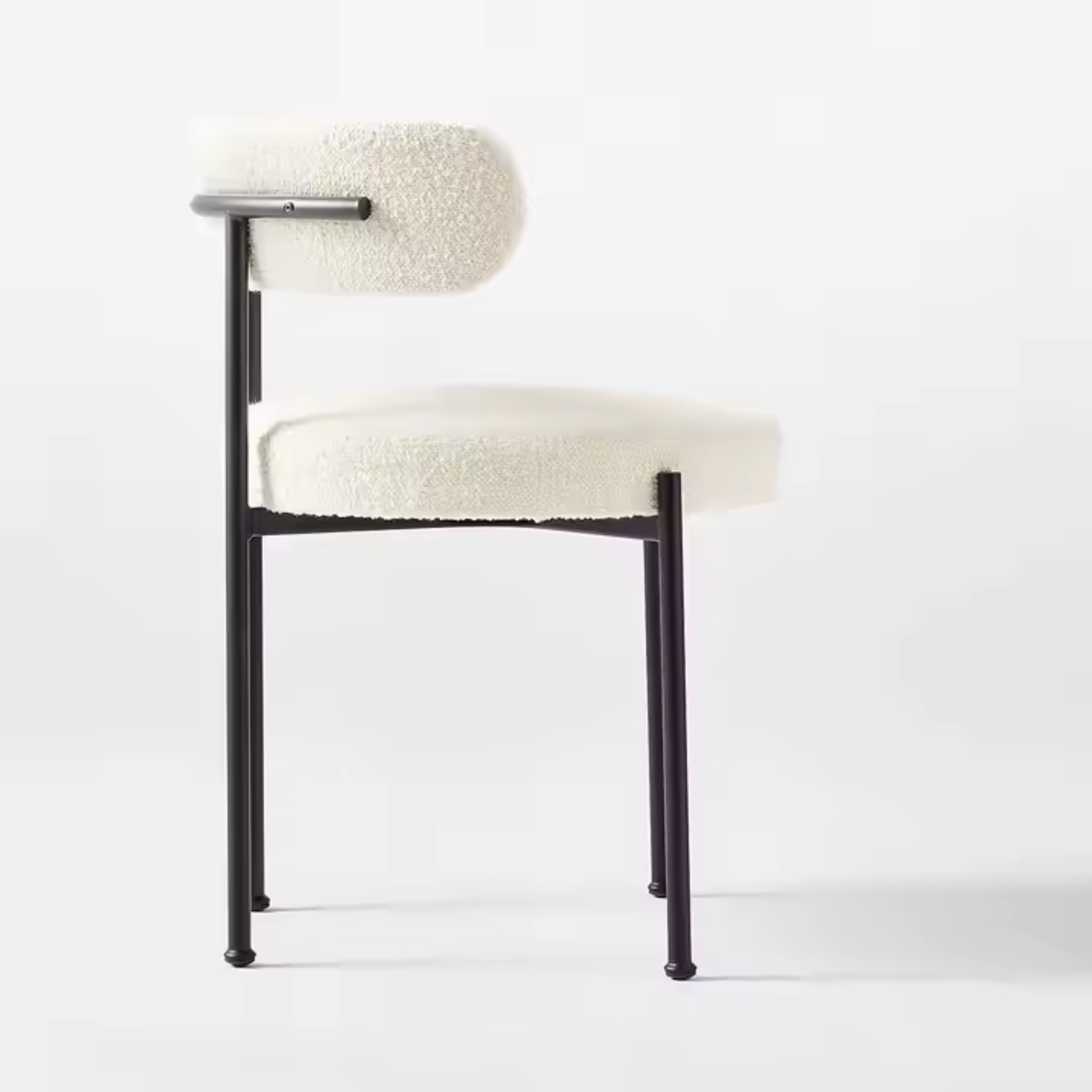 Comfynest Modern Nordic White Wool Blend Boucle Fabric Black Metal Leg Café Lambswool Dining Chair