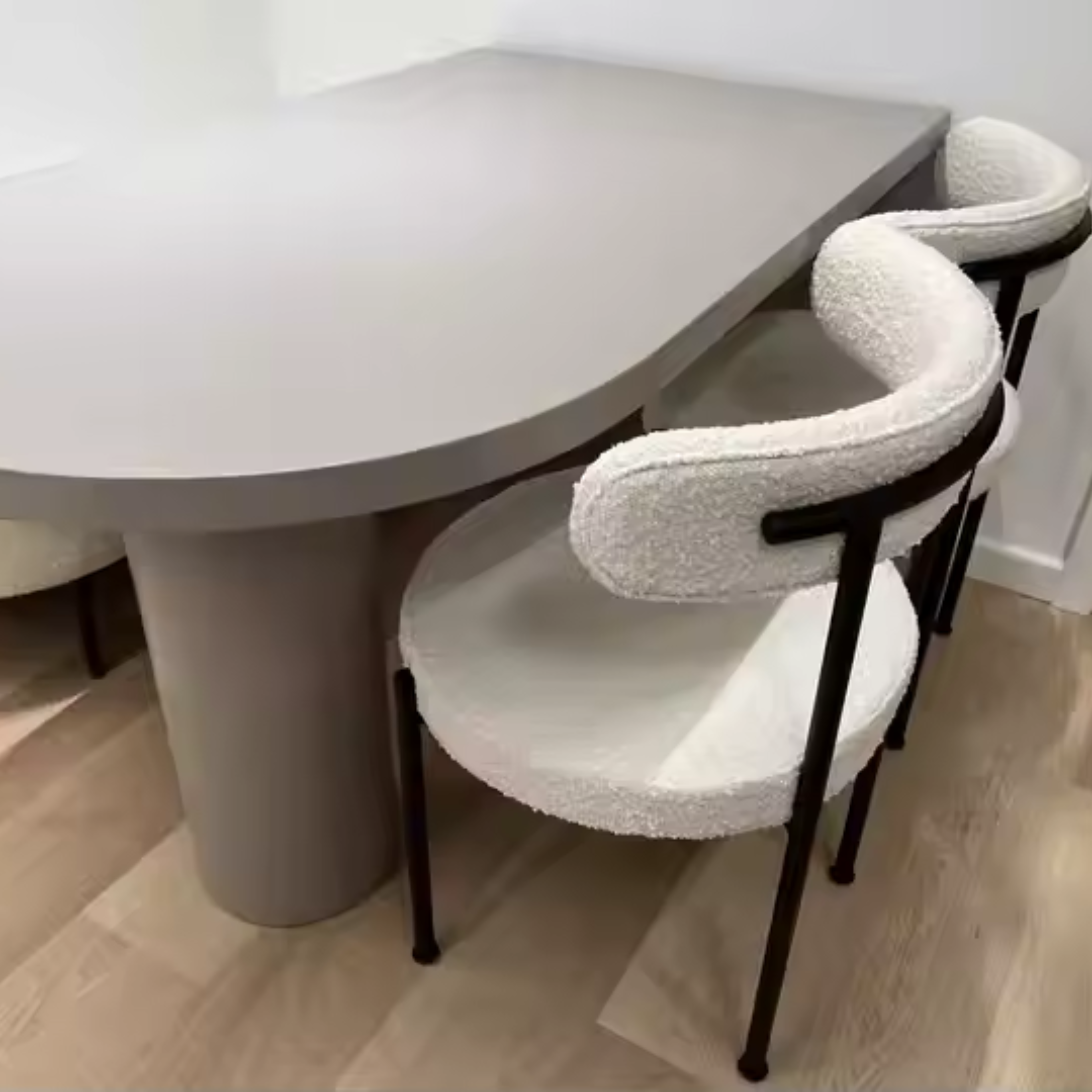 Comfynest Modern Nordic White Wool Blend Boucle Fabric Black Metal Leg Café Lambswool Dining Chair
