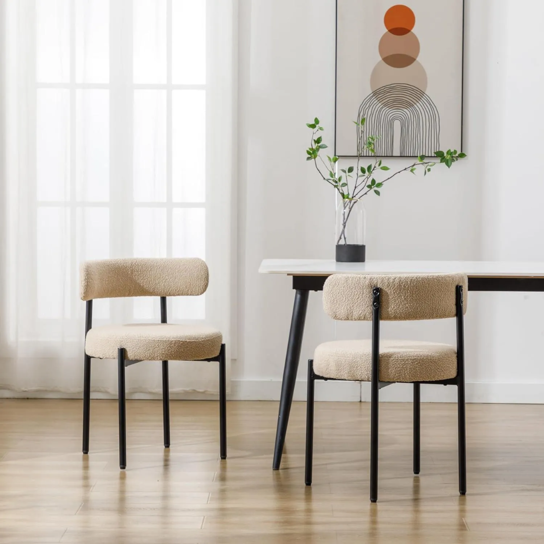 Comfynest Modern Nordic White Wool Blend Boucle Fabric Black Metal Leg Café Lambswool Dining Chair (2, Beige)