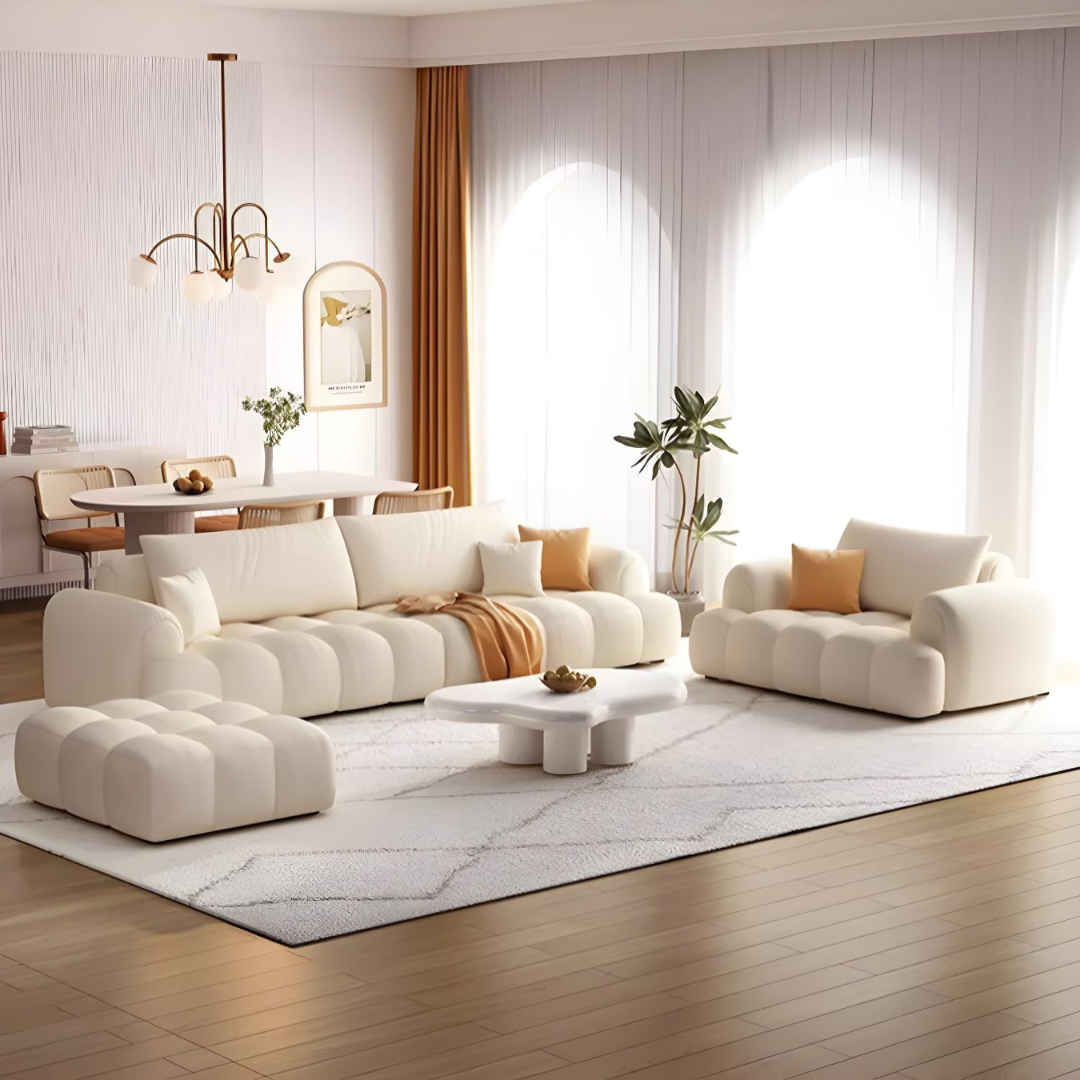 Comfynest Modern Off-White Sofa In Tech Cloth Upholstery, Standard Size With Tear-Resistant Feature Latex Seat Filling, 238.76 X 88.9 X 78.74 Cm Off-White (5 Seater + Ottoman)