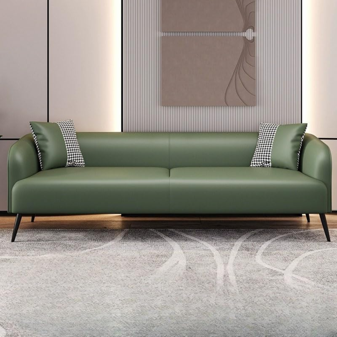 Comfynest Modern Pine Wood Three-Seater Sofa - Upholstered in Leathaire, Foam Seat, Solid Color, Space-Saving Design, 150x68x65 cm (Green, 4 Seater)