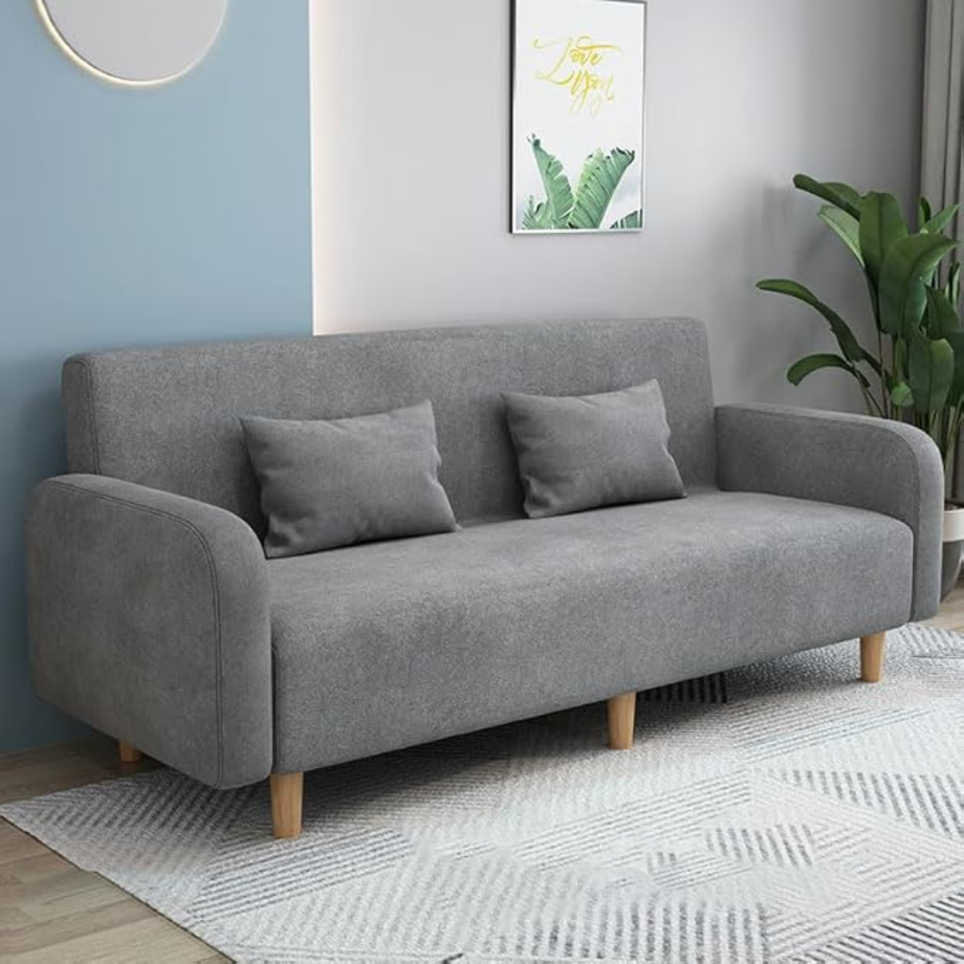 Comfynest Seats 3 Modern Small Solid Wood Frame Foam-Filled Sofa with Square Arm – Flannel Upholstery, Space-Saving, Cushion Back (150 x 65 x 75 cm) (Grey)