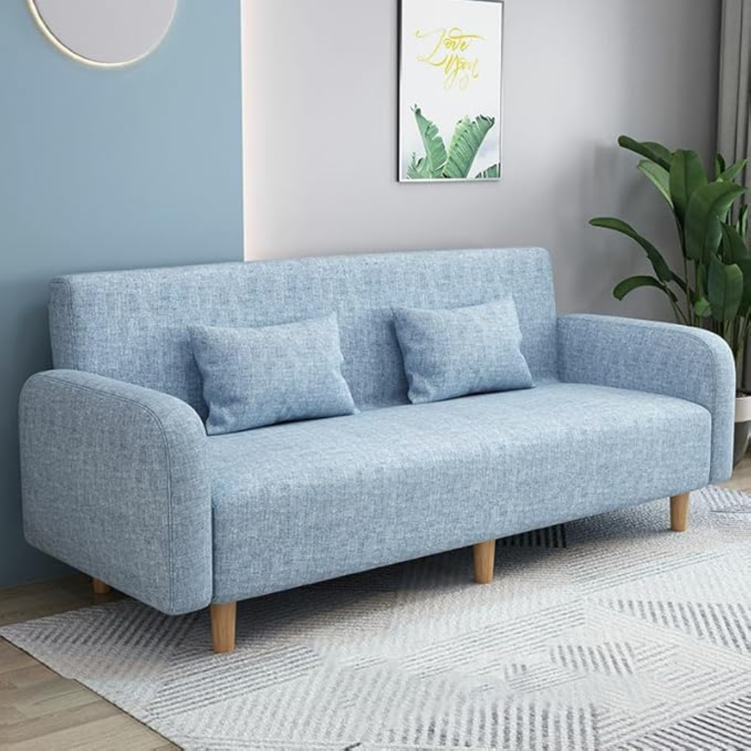 Comfynest Seats 3 Modern Small Solid Wood Frame Foam-Filled Sofa with Square Arm – Flannel Upholstery, Space-Saving, Cushion Back (150 x 65 x 75 cm) (Light Blue)