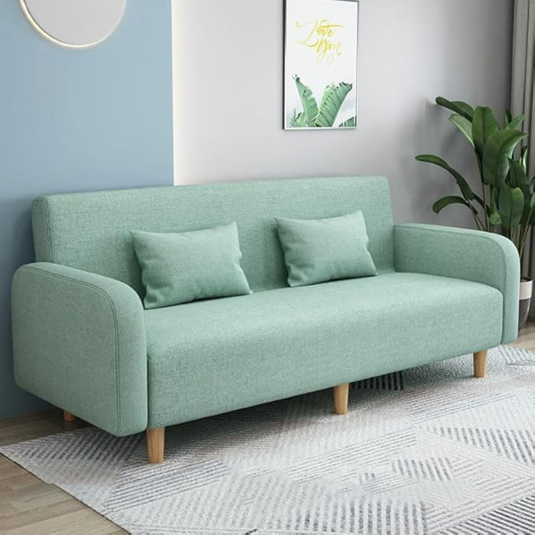 Comfynest Seats 3 Modern Small Solid Wood Frame Foam-Filled Sofa with Square Arm – Flannel Upholstery, Space-Saving, Cushion Back (150 x 65 x 75 cm) (Matcha Green)