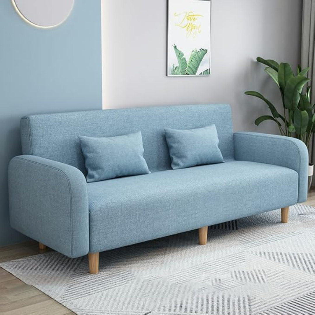 Comfynest Seats 3 Modern Small Solid Wood Frame Foam-Filled Sofa with Square Arm – Flannel Upholstery, Space-Saving, Cushion Back (150 x 65 x 75 cm) (Sky Blue)