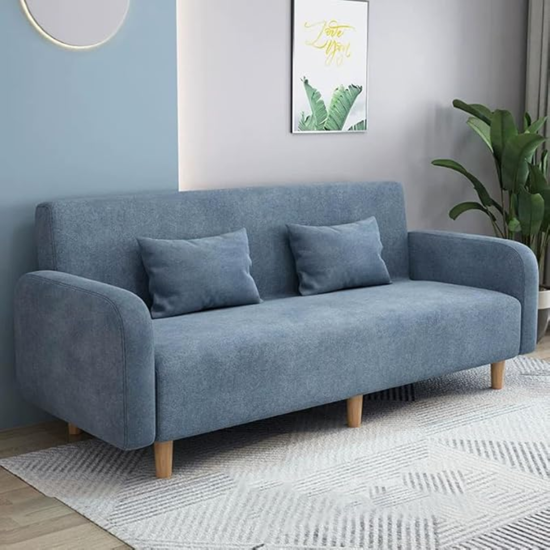 Comfynest Seats 3 Modern Small Solid Wood Frame Foam-Filled Sofa with Square Arm – Flannel Upholstery, Space-Saving, Cushion Back (150 x 65 x 75 cm) (Blue)