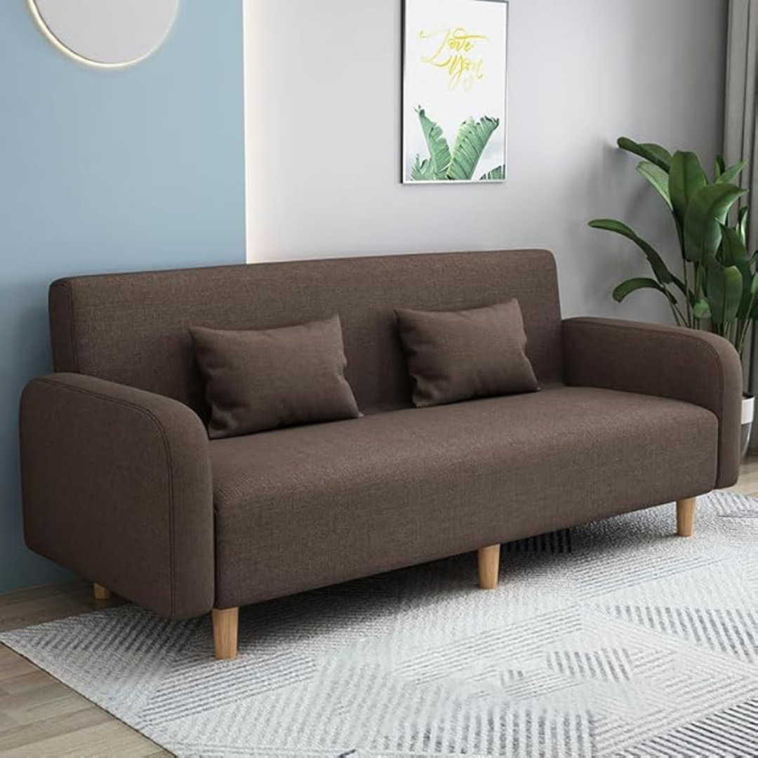 Comfynest Seats 3 Modern Small Solid Wood Frame Foam-Filled Sofa with Square Arm – Flannel Upholstery, Space-Saving, Cushion Back (150 x 65 x 75 cm) (Dark Coffee)