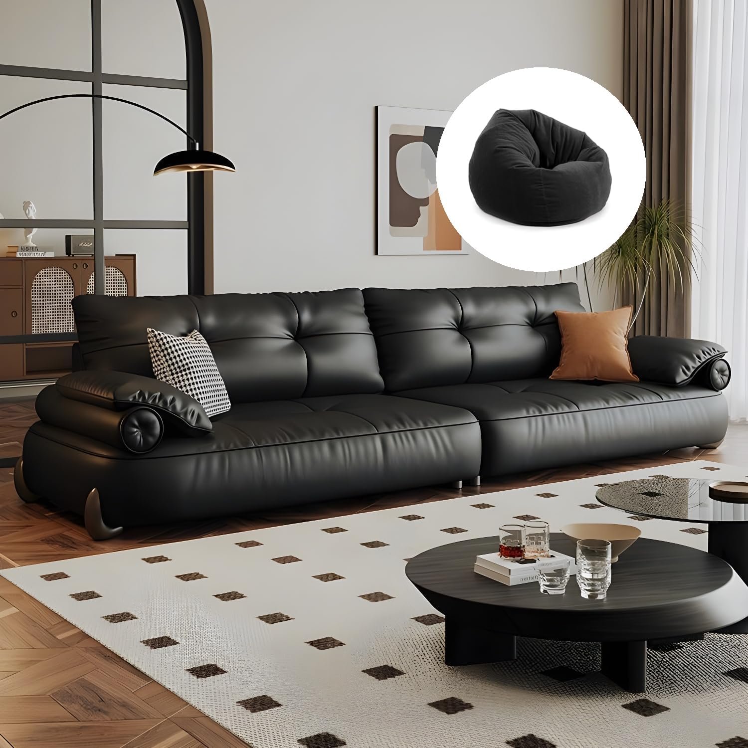 Comfynest Exclusive Combo Offer: 280X100X80CM Faux Leather Sofa + FREE Black Leather Bean Bag