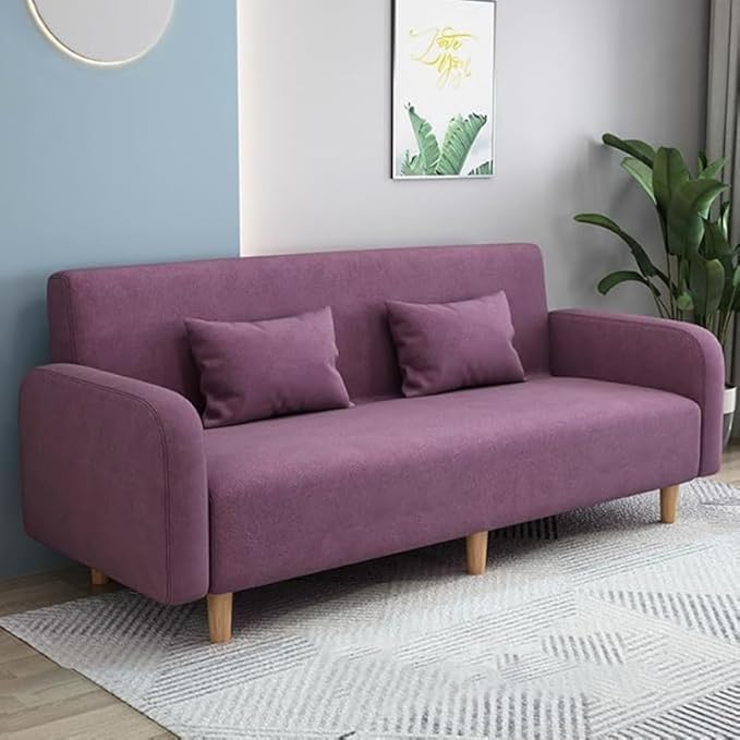 Comfynest Seats 3 Modern Small Solid Wood Frame Foam-Filled Sofa with Square Arm – Flannel Upholstery, Space-Saving, Cushion Back (150 x 65 x 75 cm) (Purple)