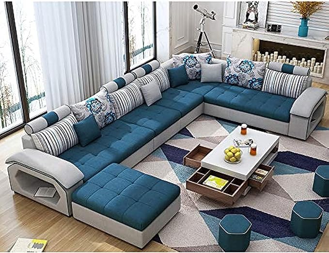 Modern Couch U Shaped Fabric Living Room Furniture Chaise Lounge Recliner Sectional L Shape Corner Sofa Sets (BLUE)