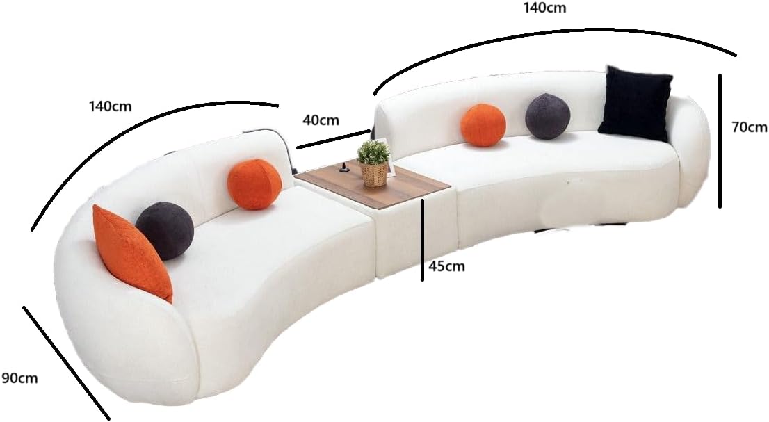 Luxurious Curved Bouclé Sofa Set with Round Center Table and Two Matching Poufs