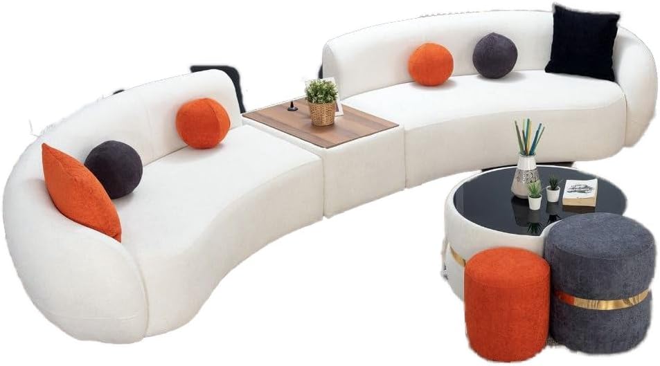 Luxurious Curved Bouclé Sofa Set with Round Center Table and Two Matching Poufs