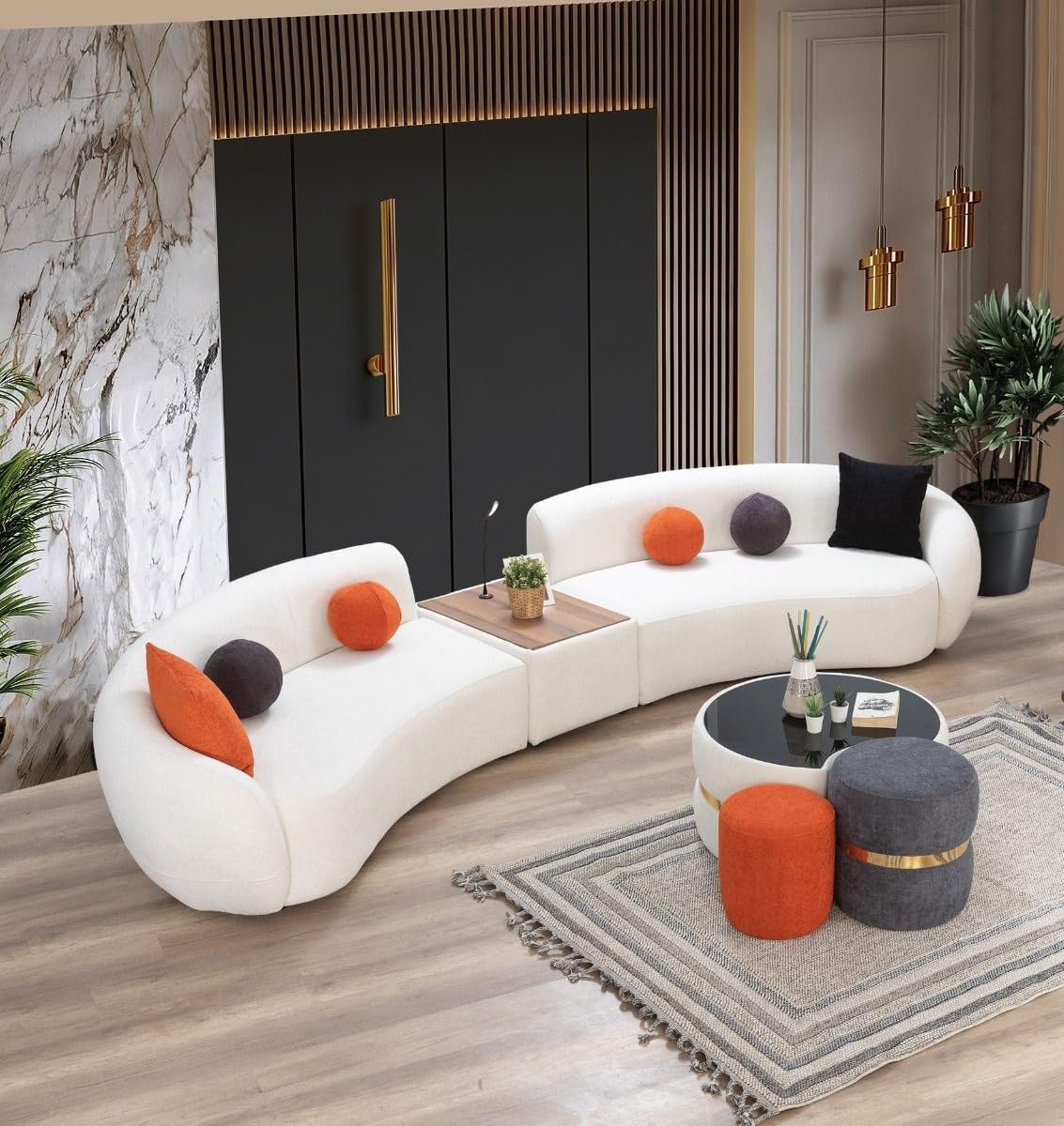 Luxurious Curved Bouclé Sofa Set with Round Center Table and Two Matching Poufs