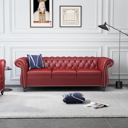 Modern Chesterfield PU Leather Sofa – 3-Seater Tufted Couch with Rolled Arms and Nailhead Trim for Living Room, Bedroom, Office, or Apartment