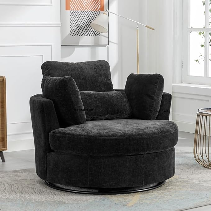 Comfynest Round Swivel Accent Sofa Modern Mosha Upholstered Sofa with 4 Pillow - 360 Swivel Lounge Cozy Sofa for Your Living Room, Bedroom, or Home (Black)