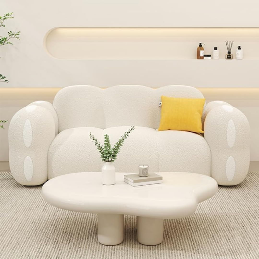 Comfynest Modern Sherpa Upholstered Sofa with Square Arms, Space-Saving, Comfortable Seating for Contemporary Interiors Off-White, Coffee, Yellow (Off-White, Extra Large (269cmx90cmx80cm))