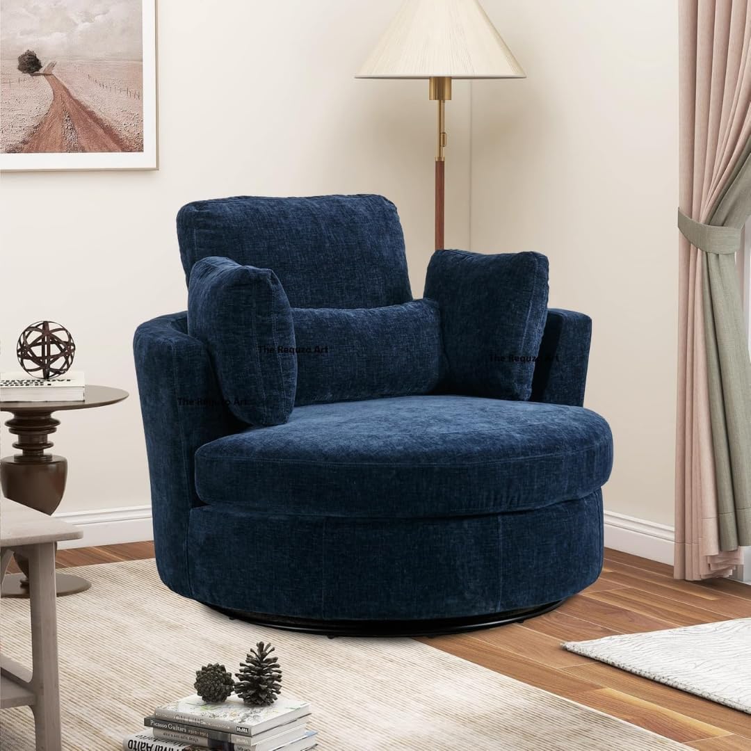 Comfynest Round Swivel Accent Sofa Modern Mosha Upholstered Sofa with 4 Pillow - 360 Swivel Lounge Cozy Sofa for Your Living Room, Bedroom, or Home (Navy Blue)