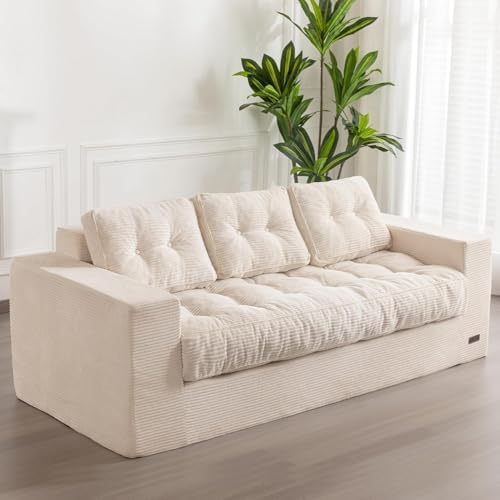 Floor Sofa, 3-Seater Velvet Living Room Couch, Tufted Backrest and Cushions, No Assembly Required, Cream