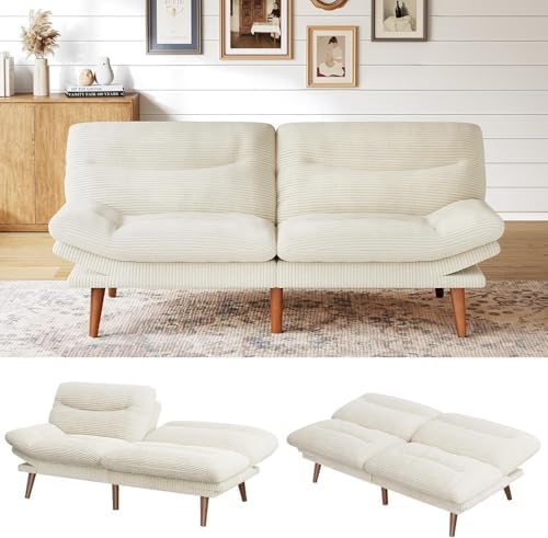 Comfynest Convertible Futon Sofa Bed, Grey Corduroy, 190 cm Width, Adjustable Backrest with 3 Positions, Wooden Frame, High-Density Foam Cushions