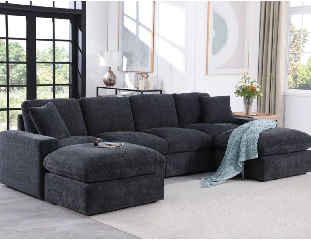 Comfynest Modular Sectional Sofa Set with 2 Ottomans – 6-Piece U-Shaped Living Room Sofa in Chenille Upholstery (Gray Chenille)