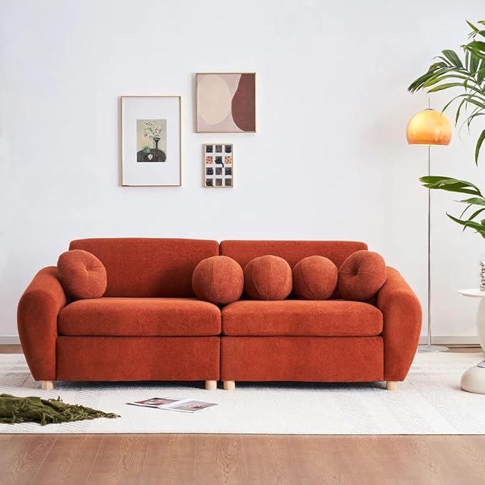 Comfynest Official Mayerli Curved Velvet Sofa – 84″ Chenille Upholstered Scalloped Couch with Pillows, Modern Living Room Furniture