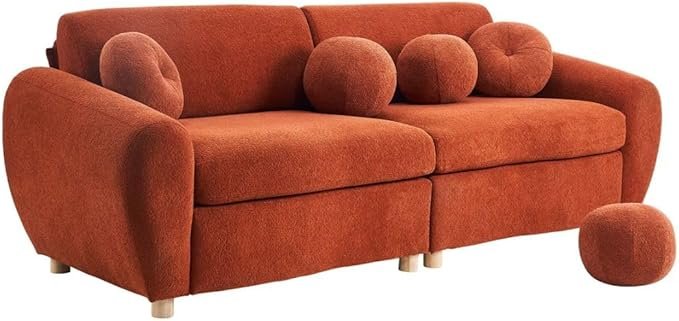 Comfynest Official Mayerli Curved Velvet Sofa – 84″ Chenille Upholstered Scalloped Couch with Pillows, Modern Living Room Furniture
