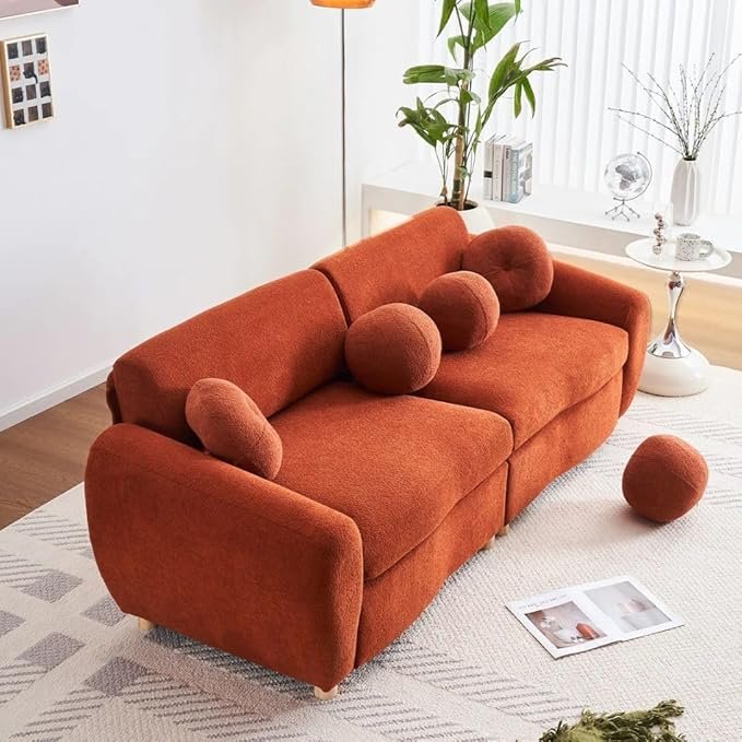 Comfynest Official Mayerli Curved Velvet Sofa – 84″ Chenille Upholstered Scalloped Couch with Pillows, Modern Living Room Furniture