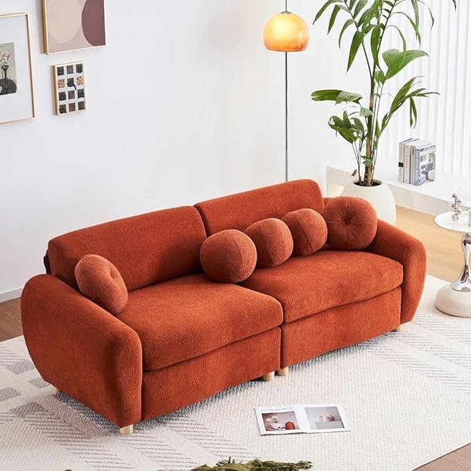 Comfynest Official Mayerli Curved Velvet Sofa – 84″ Chenille Upholstered Scalloped Couch with Pillows, Modern Living Room Furniture