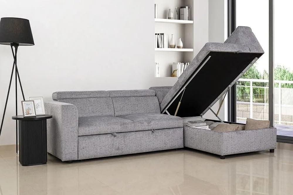Comfynest 4-Seater Convertible Corner Sofa Bed with Hidden Storage, Fabric Upholstery, MDF & Solid Wood Frame, Modern L-Shaped Pull-Out Couch – Custom Made