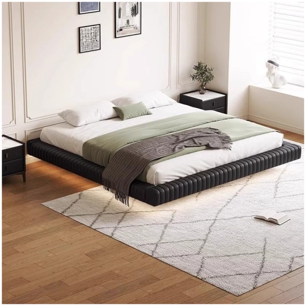 Comfynest Floating Bed with Pine Wood Frame – Faux Leather Upholstery & Lighted Headboard | Modern Black Upholstered Bed with Wooden Slats