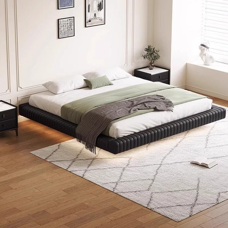 Comfynest Floating Bed with Pine Wood Frame – Faux Leather Upholstery & Lighted Headboard | Modern Black Upholstered Bed with Wooden Slats