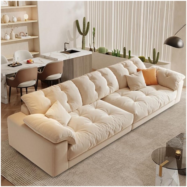 Comfynest Minimalist Sofa Couch – Cream Upholstered Tufted Back Sofa with Pillow Top Arms & Concealed Support | Available in 3, 4, and 5-Seater Options