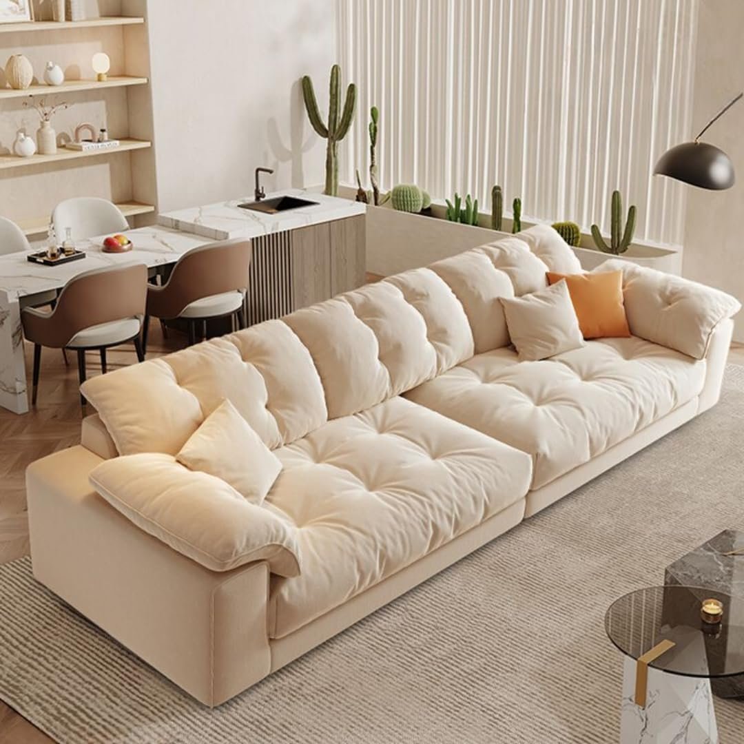 Comfynest Minimalist Sofa Couch – Cream Upholstered Tufted Back Sofa with Pillow Top Arms & Concealed Support | Available in 3, 4, and 5-Seater Options